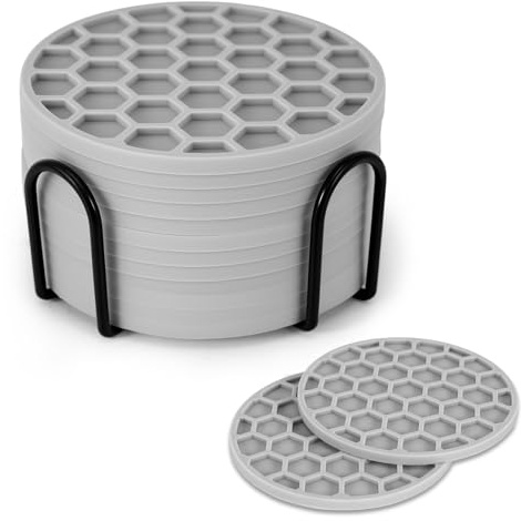 PZJFH 12 Stück Silikon Untersetzer Set, Graue Runde Waben Silikon-Teekanne Untersetzer, rutschfest, Hitzebeständig Glasuntersetzer Für Tassen, Gläser, Kaffeebecher,10 x 0,3 cm