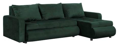 FORNIRO 24 Serena Ecksofa 226x143x83cm Grün Wohnzimmer Couch Schlafsofa | Mit Schlaffunktion & Bettkasten - L-Form - Kissen - Stoff Basic | ausziehbar Gäste bequem Stauraum Design hochwertig Eckcouch