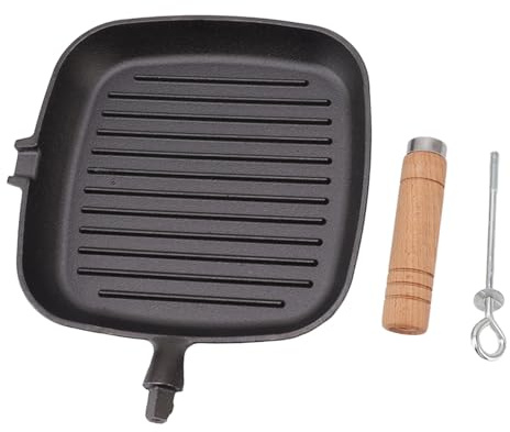 Cast Iron Skillet for Meats and Fish - Square Uncoated Nonstick Grill Pan with Wooden Handle