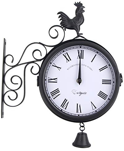 DHQCQL Bahnhofsuhr Doppelseitig, Vintage Gartenuhr mit Halterung, 30 * 37cm Eisen Zweiseitige Wanduhr, Dekorative Wanduhr für Outdoor, Garten, Schwarz
