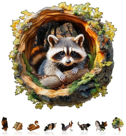 Jigfoxy Holzpuzzle Erwachsene, Waschbär Holz Puzzle Erwachsen,einzigartiges Holztierpuzzle, Familie und Freunde L-34 * 33.6cm-270pcs