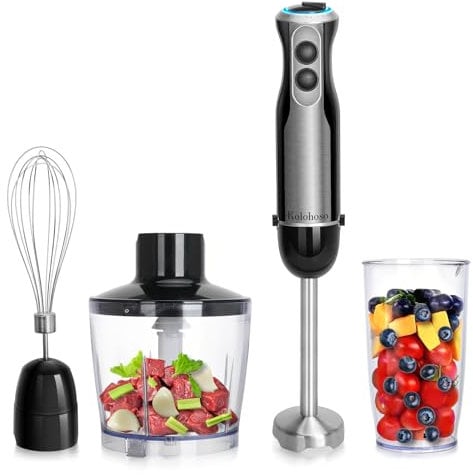 1500W Hand Blender, Kolohoso 4 in 1 Stick Blender Set with 4 Stainless Steel Blades, Immersion Blender with 20 Adjustable Speeds, Handheld Blenders with Whisk, Measuring Mug, Chopper, BPA-Free