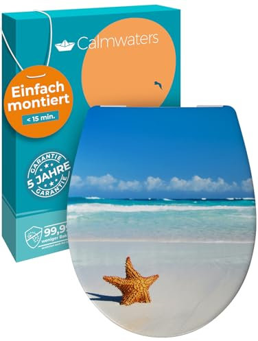 Calmwaters® WC Sitz Motiv Seestern einfache Montage, Toilettendeckel bis 250 kg, Made in EU, antibakterieller Duroplast, Absenkautomatik, 2 Montage Optionen, abnehmbar, Klobrille, oval