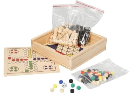 Reisespiel Set 'Collection' - Brettspiel-Sammlung aus Holz mit Schachfiguren, Spielsteinen & Würfeln für Familie & Kinder ab 6 Jahre - ideal für Urlaub, Auto, Strand & zu Hause, Farbe:natur