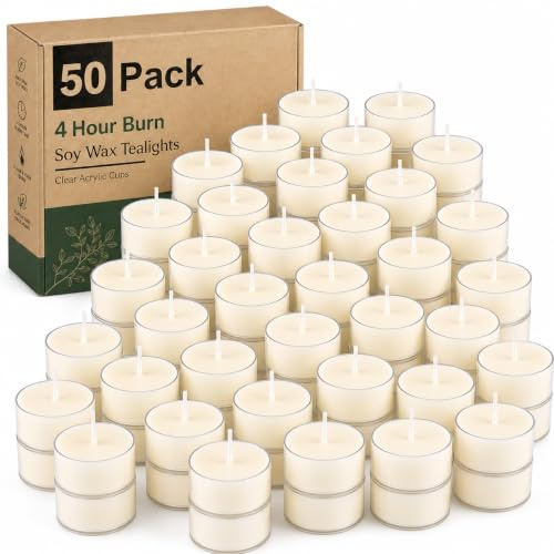 50 Pack Soy Wax Tealights, Unscented Tealight Candles, 4 Hours Burning Time | Unscented Paraffin-free Tea Lights for Wedding, Events, Home Decor, Emergency Use