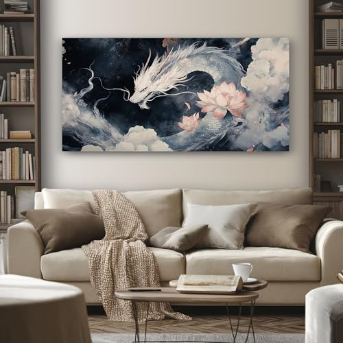 SKOEUI Leinwand Bilder Japanisch Drache 70x140 cm Rahmenlose Gemälde | Mythisch Lotusblume als Wanddeko für Wohnzimmer, Schlafzimmer Moderner Wandbilder Große Dekorative Bilder