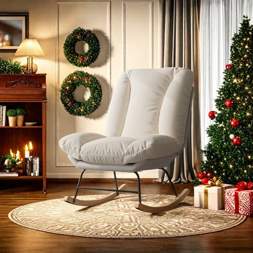 FEEOHOME Schaukelstuhl, Schaukelstuhl, Stillsessel mit Holzbeinen, Schaukelstuhl für Schlafzimmer und Wohnzimmer (beige)
