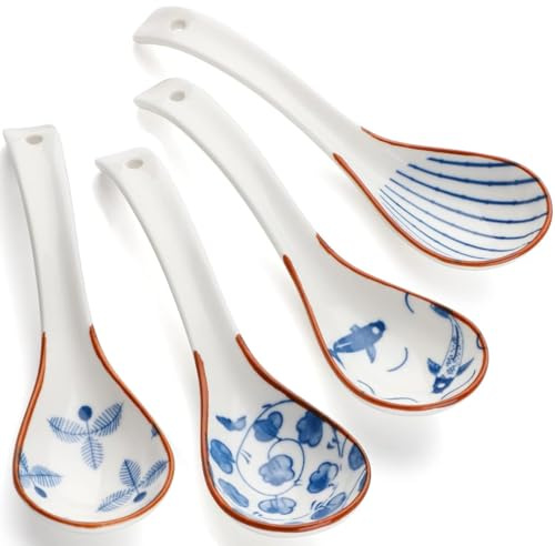 4 PCS Soup Spoons, 6.3 Inches Japanese Spoon Ceramic Spoons Asian Soup Spoon,Ramen Spoons Porcelain Chinese Soup Spoons for Ramen Pho Cereal Wonton Dumpling Miso-Set of 4