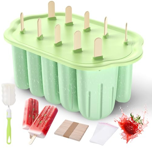 Eisformen Silikon, 10 Hohlräume Eis am Stiel BPA-frei, Eisformen Silikon mit Wasserdichte Kappe, Reinigungsbürste, 50 Holzstäbchen und 50 Eislutschertüten, für Kinder und Erwachsene DIY Popsicle