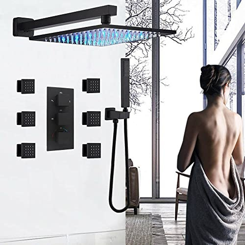 ZHANGshouf Set di Miscelatore Doccia termostatico, soffione a Pioggia a LED con Sistema di ugello massaggiante Combinato, Nero - 25 cm, MINZEZ, A, 40 cm