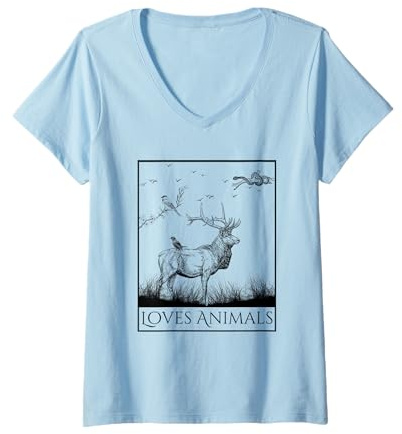 Damen Loves Animals Nature Wildlife Graphic of Deer and Birds T-Shirt mit V-Ausschnitt