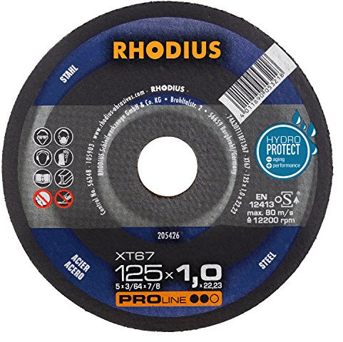 RHODIUS XT67 125 x 1, 0 x 22, 23 mm Trennscheiben für Winkelschleifer Flexscheibe Metall Stahltrennscheibe, 200 W, 240 V, 10 Stück