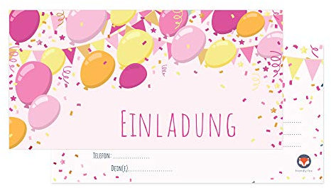 Friendly Fox Ballons Einladung Kindergeburtstag - 12er Set Einladungskarten Geburtstag Kinder Mädchen inkl. 12 bunter Umschläge - Geburtstagseinladungen - Geburtstag Mädchen