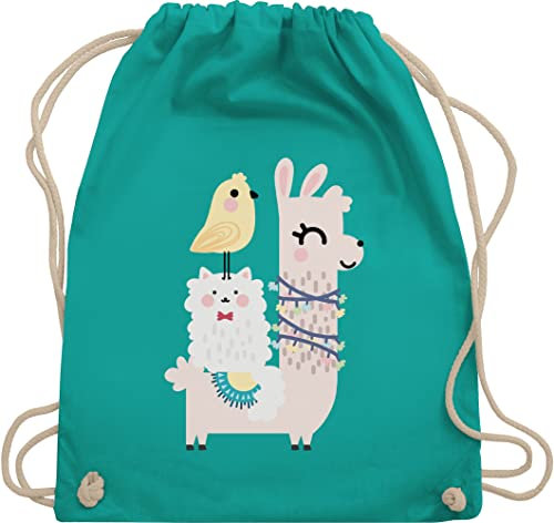 Turnbeutel Rucksack - Tiermotiv Animal Print - Tiere aufgereiht - Unisize - Türkis - kita stoffbeutel kinderrucksack tier tiermotive lama turnsack turnsäckchen kindergarten tiermotiven alpaka
