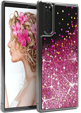 EAZY CASE Hülle kompatibel mit Sony Xperia 5 Schutzhülle mit Flüssig-Glitzer, Handyhülle, Schutzhülle, Back Cover mit Glitter Flüssigkeit, TPU/Silikon, Transparent/Durchsichtig, Pink