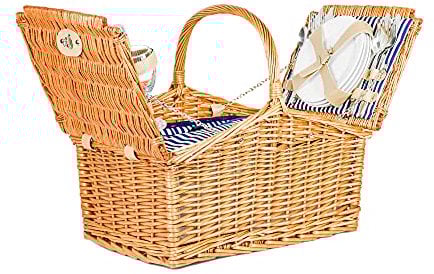 Zolta Picknickkorb 4 Personen - Korb mit Deckel - Weidenkorb mit Picknick Geschirr und Thermischer Einsatz - Thermotasche Korb - Weiß und Blau, Linienmotiv