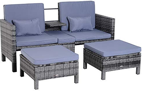 Outsunny 3-TLG. Gartensofa Gartenmöbel Lounge Gartenset Rattenmöbel Sitzgruppe Grau Polyrattan + Metall 2er-Sofa 2 x Hocker Kissen