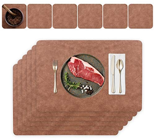 Platzset Abwischbar, Leder Untersetzer Und Tischset 6er Set, Platzdeckchen Abwaschbar Doppel Verdickte 45x30cm, Für Hause Küche Restaurant Und Hotel (Rindsleder Muster + dunkler Kaffee)