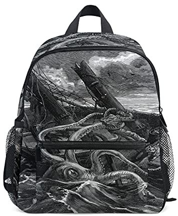 Kinder Rucksack für Mädchen Jungen Vintage Kraken Octopus Schiff Kleinkinder Schultasche mit Brustgurt & Flaschenhalter Rucksack für Vorschule, Kindergarten, leicht