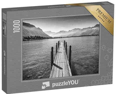 puzzleYOU: Puzzle 1000 Teile „Idyllischer Bootssteg am Genfer See, Schweiz, schwarz-weiß“ – aus der Puzzle-Kollektion Fotokunst, Schwarz-Weiß