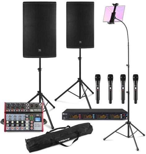 Power Dynamics Professional Karaoke System with Screen, Dual Bi-Amplified Speakers, 8-Channel Bluetooth Mixer, Tablet Stand, Wireless UHF Microphones, Ideal for Machines and Events