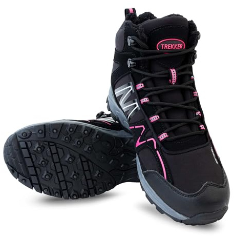 Nordic ProStore Winterschuhe mit Spikes, Winterboots Damen Gefüttert mit Stahl Spikes, Wasserfeste Winterstiefel Damen und Herren, Wasserdicht Warme Winterschuhe Frauen Unisex, Pink