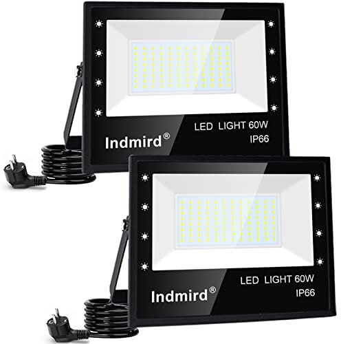 Indmird LED Strahler Außen 60W, 2 Stücke Superhell 6000LM Led Fluter 6500K Kaltweiß Led Scheinwerfer mit Stecker IP66 Wasserfest Baustrahler Flutlicht Außenstrahler für Garten Hof Garage Sportplatz