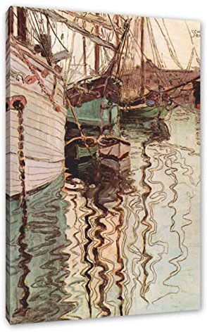 Egon Schiele - Segelschiffe im wellenbewegtem Wasser als Leinwandbild / Größe: 100x70 cm / Wandbild / Kunstdruck / fertig bespannt, Weiß