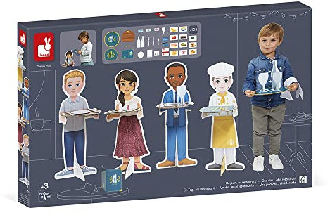 Janod - Un Día… En el Restaurante - Juguete de Imitación de Profesión - Incluye 108 Accesorios - Figuras Grandes de 65 cm - Imaginación - Certificado FSC - A partir de 3 Años, J06620
