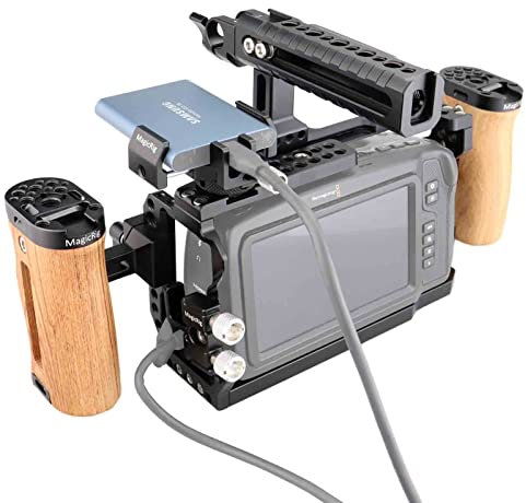 MAGICRIG BMPCC 4K / 6K Camera Cage Kit for Blackmagic Design Pocket Cinema Camera 4K / 6K, with NATO Top Handle , Wooden Side Handle , SSD Card Clamp, HDMI/USB-C Cable Lock ,15MM Rod Clamp