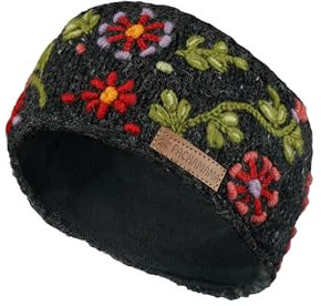 Cache-oreilles en laine pour femme avec doublure polaire et broderie florale multicolore Taille unique Fait à la main Pachamama Commerce équitable