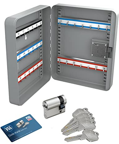 BASI | Schlüsselschrank mit passenden Profil-Halbzylinder 10/30 mm | Schlüsselkasten mit 35 Haken | Hakenleisten verstellbar und nummeriert | H300xB240xT80mm | Stahl | Farbe grau