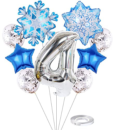 Liitata 4. Frozen Geburtstagsdeko Mädchen Frozen Luftballon Set Zahl 4 Folienballon Silber Große Schneeflocken Luftballon Mylar Ballon Konfetti Latexballon für Kinder Mädchen Geburtstag Party Deko