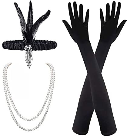 MIVAIUN 3 Stück 1920s Kostüm Damen Flapper Accessoires Set 20er Jahre Accessoires, 1920er Flapper Great Gatsby Accessoires Set,Stirnband Halskette Handschuhe,Fashion Roaring 20er Themenset