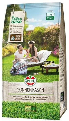 Sperli 88705, SPERLI's Sonnenrasen, 1 kg für ca. 35 m², Wassersparend durch tiefwachsende Wurzeln, grüner Rasen auch in Trockenperioden, Hitze und trockenverträglich