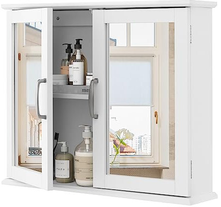 Multigot Bathroom Mirror Cabinet, Wall-Mounted Storage Cabinet with Adjustable Shelves, Double Door Toilet Cupboard for Living Room Bedroom Kitchen (White)