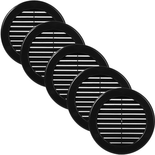 Vent Systems 100 mm / 4 Inch (Opening Dimensions) - Pack of 5 - Black Soffit Vent Cover - Plastic Round Air Vent Grille - Built-in Mesh Screen - HVAC Register Louver for Bathroom, Home, Kitchen