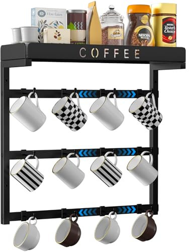 ZDDLOINP Support mural pour tasse à café en alliage d'aluminium avec 12 crochets mobiles, support de tasse à café avec étagère supérieure pour grains de café, pot à sucre, porte-tasses pour la maison,
