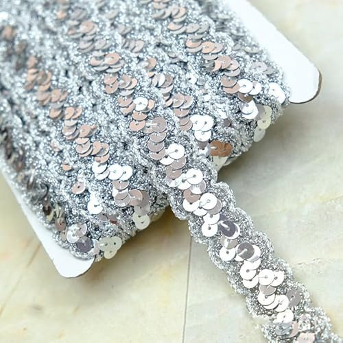 SYSUII 13M*23mm Glänzendes Geflochten Zierband Paillettenband Paillettenschnur Dekoratives Accessoire Glitzer Borte Aus Dekoband FüR DIY NäHen KostüMe Handwerk Verzierungen Schmuckherstellung-Silber