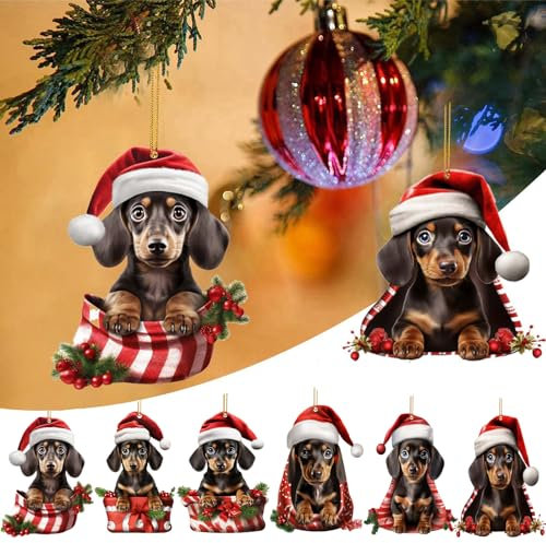 2D Dachshund Pendants Christmas Tree Hanging Decorations Acrylic Plastic Dog with Santa Hat Small Christmas Ornaments Xmas Home Decor Funny Backpack Car Hanging Accessories (6PCS Set)