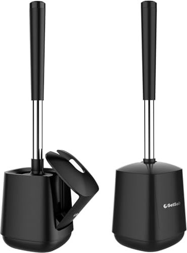 SetSail Toilet Brush and Holder 2 Pack, Self Closing Lid Toilet Bowl Brushes Holder and Extra Long Handle Ventilated Toilet Brush Set for Bathroom Cleaning, Nylon Bristles, Black
