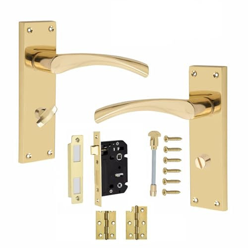 Golden Grace Victorian Scroll Astrid Handle Polished Brass Bathroom WC Toilet Door Handles Complete with (GG) Bathroom Mortise Lock and 1 Pair of 3 Standard Butt Hinges