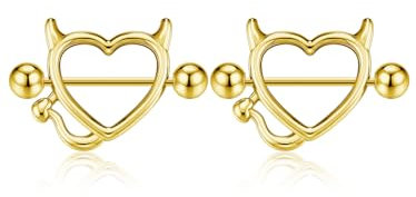 PiercingJak 2PCS Piercing Téton Mamelon Coeur Acier Inoxydable Femme Forme Démon Anneaux Mamelon Téton Anneaux de Téton 16Ga Bijoux de Corps Femme Sexy Punk-Or