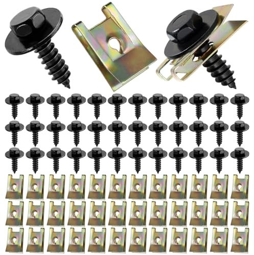 Amentalove 72 PCS Blechmutter Schraube Mutter Clip Kit, 36 Sätze Edelstahl Feder Blechnmutter und U Typ Karosserieschrauben, Kotflügelclip Blechmuttern Befestigung Clips für Auto