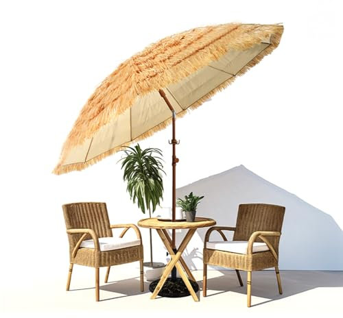 Parasol de plage en paille 200cm/240cm, Parasol tropical hawaïen inclinable, protection solaire, parasol portable avec sac de transport, crochet/poteau central en fer ( Color : Wood color , Size : 160