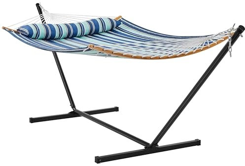 Abician Hamac sur Pied pour 2-3 Personnes Hamac avec Support Métallique avec Sac de Transport Oreiller pour Jardin Balcon Terrasse Camping Charge Maximale 216 kg Bleu Rayé