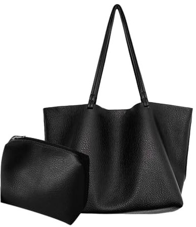Handtaschen Damen 2 teiliges Set Damen PU Leder Shopper Tote Bag Tasche mit Pouch Bag Schultertasche mit Große Kapazität für Mädchen 2 Stück schwarz