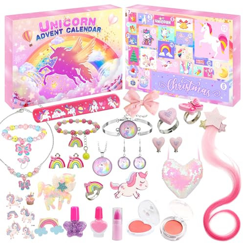 Adventskalender kosmetik Kinder Mädchen 2025 Weihnachtskalender 24 Mode Schmuck schminke Beautykalender wie Einhornschmuck ohrringe haarschmuck ab 3-12 Jahre Mädchen