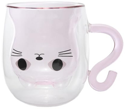 lachineuse - Tasse Chat Kawaii Rose - Verre Double Paroi - Anse Queue de Chat - Contenance 300 ml - Tasse Café, Thé, Chocolat Chaud, Cappuccino - Mug Déco Japonaise - Idée Cadeau Japon Asie