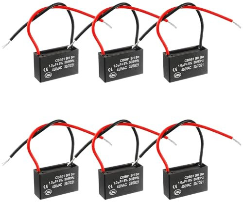 BlueXP 6 Stück Lüfterstartkondensator CBB61 1.0uF Motor Startkondensator 450 V AC 50/60 Hz Deckenventilator Kondensator Klimaanlage Lüfter Motor Laufkondensator Lüftermotor Betrieb Kondensator
